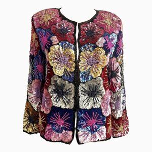 80s Sequin Cardigan Bolero Jacket Long Sleeve Embroidered Colorful
